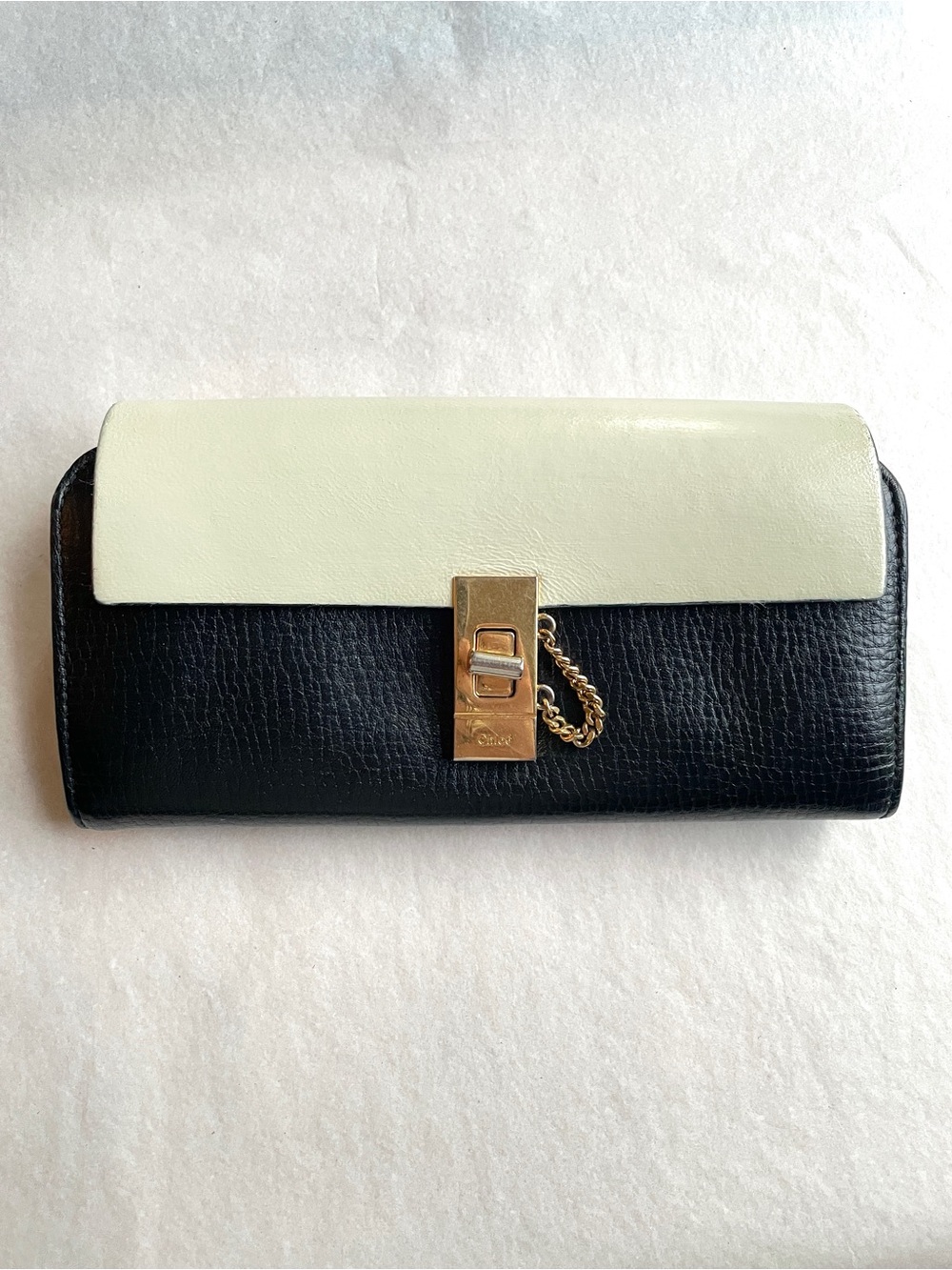 CHLOÉ // “Drew” Leather Two-Tone Flap Wallet Clutch in Black and Cream Gold